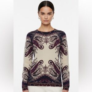 100% Cashmere Cream Purple Floral Paisley Pattern Long Sleeve Sweater Small